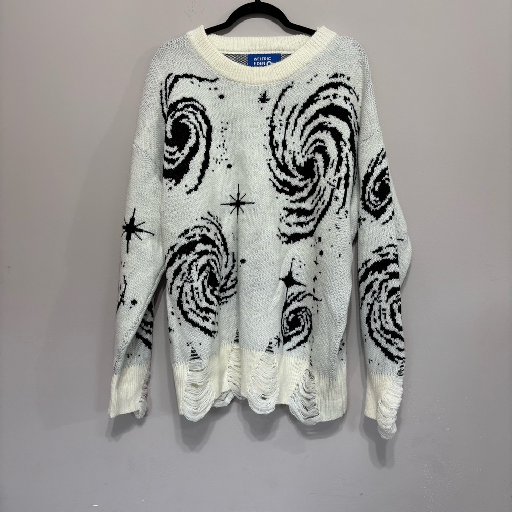 Aelfric Eden Starry NightJacquard Knit Sweater White Black Distressed Unisex L